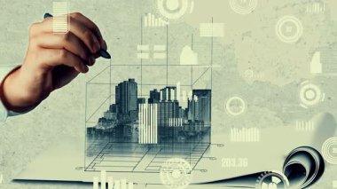 Şehir sivil planlama ve yaratıcı gayrimenkul geliştirme. Yaratıcı şehir binası tasarlamak için soyut şehir çizimine bakan mimar insanlar. Mimarlık hayali ve hırs konsepti.