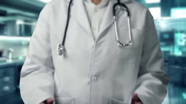 Yetenekli doktorların DNA örneği hologramı hastanede yüzüyor. Profesyonel tıp çalışanı tedaviye hazırlanırken ve genetik testler yaparken semptomları kontrol ediyor. İyileştirici.