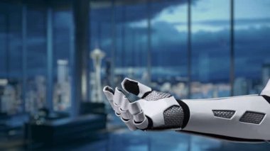 Fütürist bir robot el, parlak ve modern ofis ortamında iş büyümesini, stratejisini ve takım çalışmasını sembolize eden çeşitli teknoloji ikonları sunar. Auvana