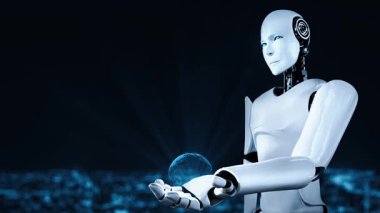 AI robot huminoid uses cloud computing technology to store data on online server . Futuristic concept of cloud information storage analyzed by machine learning process . 3D rendering .