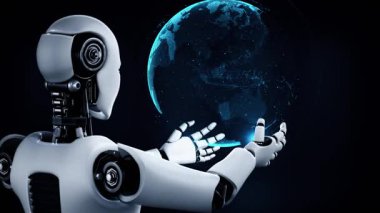 AI hominoid robot holding virtual hologram screen showing concept of big data analytic using artificial intelligence thinking by machine learning process. 3D rendering.