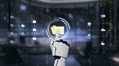 Gelişmiş dosya yönetimi, güvenlik ve veri işleme kavramlarını temsil eden, gelecekteki bir arayüzde dijital bir dizin seçen robotik elin yakın plan görüntüsü. Auvana