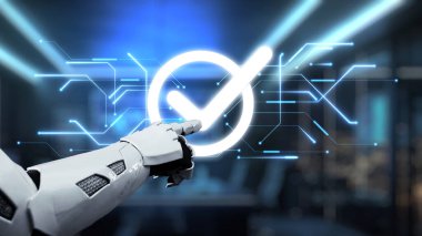 Fütürist bir robotik kol modern bir çalışma alanındaki dijital arayüz içinde teknoloji ve yeniliğin karışımını gösteren parlayan bir doğrulama sembolüne işaret eder. Auvana