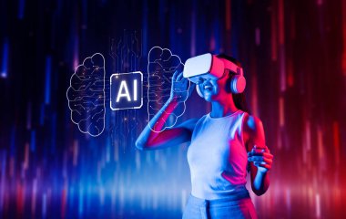 Canlı, yüksek teknolojili bir fon içinde yapay zeka diyarını keşfeden, VR kulaklığı kullanan bir kadını neşeli bir şekilde tasvir eden dinamik bir sahne. XDMCP