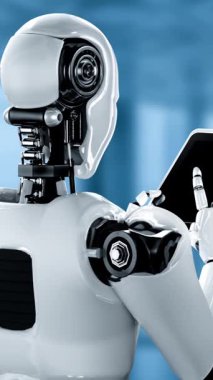 Büyük veri analizi için tablet bilgisayar kullanan robot insansı yapay zeka, yapay zeka ve 4. endüstriyel devrim için makine öğrenme yöntemlerini kullanıyor. 3B görüntüleme.