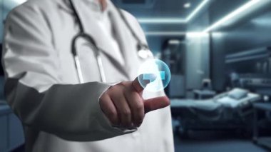 Laboratuvarda yüzen tıbbi çapraz hologramı işaret eden zeki doktorlara yaklaş. Sağlık sistemi ve teşhis semptomlarına erişen profesyonel bir tıp çalışanı. Teknoloji yeniliği. İyileştirici.