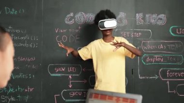 Genç bir kadın kameraya, kodlamaya ya da programlama sistemine bakarken Afrikalı çocuk VR gözlük kullanıyor. Akıllı ergen, STEM sınıfındaki programa dokunurken tahtada duruyor. Öğretim