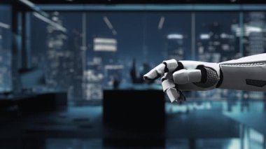 Modern dijital ortamda güvenli bir ödeme arayüzü ile etkileşime geçen son teknoloji ürünü bir robot el, finansal işlemlerdeki güvenlik ve yenilikçi teknolojiyi vurguluyor. Auvana