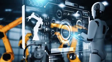 Cybernated industry robot and robotic arms for assembly in factory production . Concept of artificial intelligence for industrial revolution and automation manufacturing process .