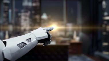 Gösterişli bir ofiste renkli bir veri görselleştirmesini gösteren robotik bir kol, modern çalışma ortamlarında teknoloji ve yapay zekada gelişmeleri temsil ediyor. Auvana