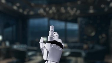 Fütüristik bir robot eli dijital veri görselleştirmesi ile etkileşime girer, yenilik ve tasarım dolu yüksek teknoloji ortamında ölçüler ve analizler sergiler. Auvana