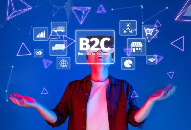 Modern katılım stratejileri ve yenilikçi pazarlama çözümlerini vurgulayan B2C iş modellerinin dijital arayüzleri, simgeleri ve bağlantılılığı gösteren dinamik bir temsili. XDMCP