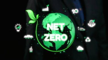 Çevresel korunmaya olan bağlılığı ve sürdürülebilirliği sembolize eden çevre dostu ikonların yer aldığı net sıfır hedefleri vurgulayan yeşil bir dünyanın kavramsal çizimi. Dörtgen