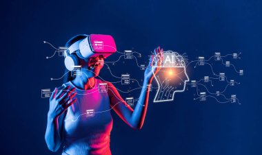 Sanal gerçeklik deneyimine dalmış bir kadın, veri yönetimini temsil eden yapay zeka ile etkileşime girmiş ve mühendislik teknolojisini fütüristik bir ortama yönlendirmiştir. XDMCP