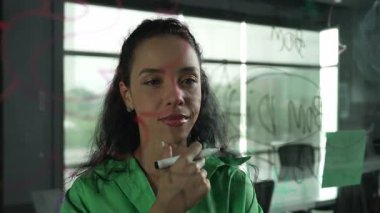 Skills 'in genç ve güzel İspanyol proje yöneticisi pazarlama fikrini düşünüyor. Ofisteki cam tahtada yapışkan notlar kullanarak iş planı yapan profesyonel bir iş kadını. Yönlendirici.