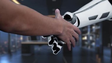 Gelişmiş bir veri görselleştirme grafiğiyle etkileşime giren ve teknolojik ilerlemeyi vurgulayan bir insan eli ve robot eli gösteren dinamik bir sahne. Auvana