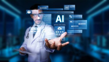 Bir sağlık uzmanı, modern bir tıbbi ortamda gelişmiş yapay zeka arayüzü araçları gösteren şeffaf bir ekran görüntüsüyle ilgilenir ve yeniliğin altını çizer. PHMT