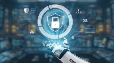 Yüksek teknolojili bir robot el dijital bir güvenlik kalkanını bir kilit ikonuyla sunuyor, veri arayüzleriyle dolu gelişmiş bir siber ortamda korunmayı sembolize ediyor. Auvana