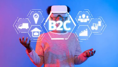 Sanal gerçeklik kulaklığı takan bir kişi, yenilik ve bağlantıyı sembolize eden çağdaş bir dijital ortamda iş-müşteri etkileşimlerini keşfeder. XDMCP