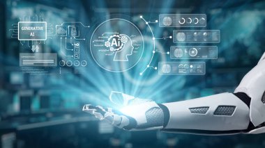 Fütürist bir robotik kol, üretken yapay zekayı sembolize eden dijital arayüzleri sergiliyor. Bu görüntü yenilikleri ve teknolojik gelişmeleri temsil ediyor. Auvana