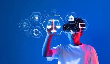 Bu resim, teknolojideki etik yönetim, uyum ve dijital sorumluluğun önemini vurgulayan yapay zeka ve hukukun kesişimini betimlemektedir. XDMCP