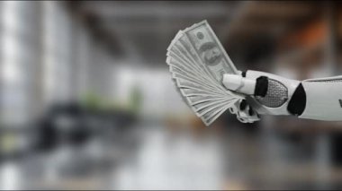 Robotik bir el, teknoloji ve finans kavşağını gösteren gösterişli ofis ortamında dolar banknotları uzatır. Yenilik ve otomasyon teması için mükemmel. MZL