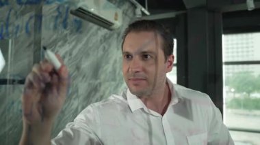 Profesyonel erkek lider yapışkan notlar üzerine pazarlama fikri yazıyor. Kafkasyalı işadamı cam duvarda renkli yapışkan notlar kullanırken pazarlama kampanyasını düşünüyor. - Yakın çekim. Yönlendirici.