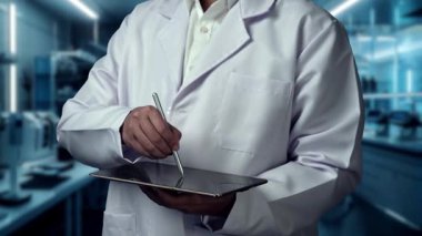Zeki doktorun elinde tablet tutarken hastanede bulanık bir geçmişi olan beyin anatomisi hologramı olan bir kalem tutarken yakın plan. Sağlık çalışanı beyin ameliyatına hazırlanıyor. İyileştirici.