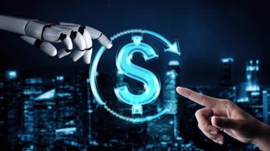 Gelecekçi robot yapay zeka yapay zeka yapay zekayı aydınlatıyor ve makine öğrenme kavramını geliştiriyor. İnsan hayatının geleceği için küresel robotik RPA bilim araştırması. 3B görüntüleme grafiği.