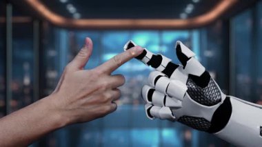 Gelişmiş bir veri görselleştirme grafiğiyle etkileşime giren ve teknolojik ilerlemeyi vurgulayan bir insan eli ve robot eli gösteren dinamik bir sahne. Auvana