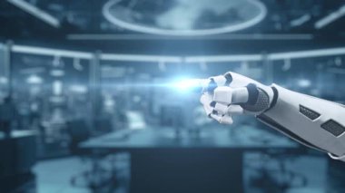 İnsanlarla makineler arasındaki yüksek teknolojili çalışma alanındaki etkileşimi sembolize eden yapay zeka ikonunu gösteren robot bir elin detaylı bir görüntüsü. Auvana