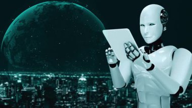 AI robot huminoid uses cloud computing technology to store data on online server . Futuristic concept of cloud information storage analyzed by machine learning process . 3D rendering .