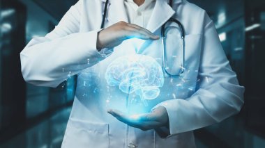 Beyin anatomisi hologramı tutan zeki doktorların laboratuvarda bulanık geçmişleri var. Profesyonel tıp çalışanı beyin ameliyatına hazırlanıyor. Teknoloji yeniliği. İyileştirici.