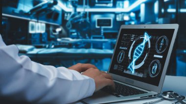 DNA analizi yapan bir dizüstü bilgisayarı olan yetenekli bir tıp çalışanını kapat. Profesyonel doktor genetik kalıpları kontrol edip inceliyor ve genetik bozuklukları tedavi etmeye hazırlanıyor. Teknoloji. İyileştirici.