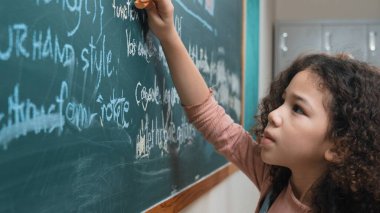 Amerikan öğrenci karatahtaya cevap yazarken kodlama mühendisliği okuyor. İstihbarat kızı kodlama geliştirme planını planlıyor ve öğreniyor. Başarılı çocuk paylaşımı fikri. Pedagoji.