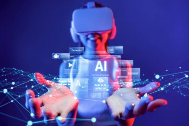 Sanal gerçeklik kulaklığı takan bir kişi, ileri dijital içerik üretimi kavramlarıyla meşgul olarak, teknoloji ve yaratıcılığın kesişimlerini fütüristik bir ortamda sergiliyor. XDMCP