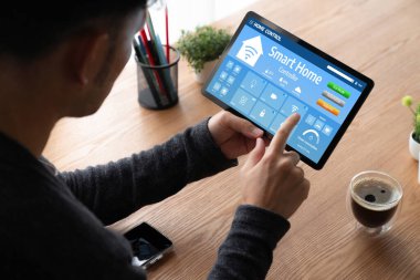 Smart home technology, centric remote control system with digital dashboard for air conditioning, safety security network or house automation. App software, ui panel programming IOT monitor snugly