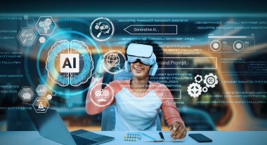 Akıllı Afrikalı kız meta verileri kullanarak yapay zeka teknolojisi hologramına bakıyor. Akademisyen öğrenci artırılmış gerçeklik gözlüğü kullanırken günlük kıyafet ve VR kulaklık takıyor. Teknoloji yeniliği. Yaratıcılık.