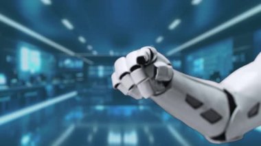 Fütüristik bir yapay zeka robot kolu, teknolojik gelişmeyi ve modern çalışma alanındaki veri keşiflerini temsil eden dijital arama çubuğuna doğru uzanır. Auvana