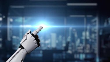 Bir robot el, iş dünyasındaki yenilik ve teknolojiyle ilgili görseller için ideal olan çeşitli dijital unsurların sergilendiği etkileşimli bir pazarlama stratejisi gösterimine doğru hareket eder. Auvana