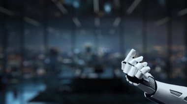 Fütüristik bir robot el, teknolojinin modern işyerlerindeki verimlilik ve iletişimi geliştirme entegrasyonunu sembolize eden bir dizi dijital simgeyle etkileşir. Auvana