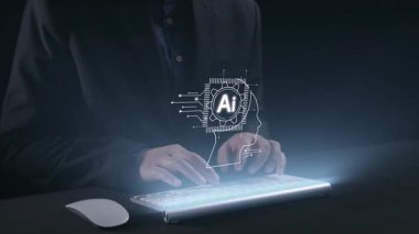 Yapay zeka mühendisliği, büyük veri ve yapay zeka makinesi kavramında yapay zeka beyin işlemcisiyle iş desteği için üretken yapay zeka kullanmayı öğrenen insan etkileşimi. Kullanıcı Kimliği
