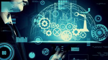 Futuristic industry 4.0 and inventive mechanized engineering concept with graphic user interface showing automation design, robot operation, usage of machine deep learning for future manufacturing.