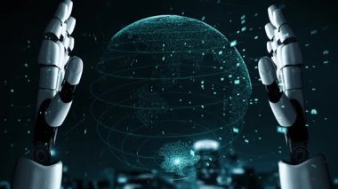 Gelecekçi robot yapay zeka yapay zeka yapay zekayı aydınlatıyor ve makine öğrenme kavramını geliştiriyor. İnsan hayatının geleceği için küresel robot biyonik bilim araştırması. 3B görüntüleme grafiği.