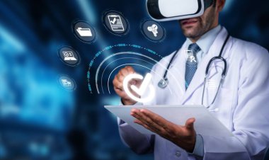 Tıbbi bir profesyonel, hasta bakımı ve tıbbi araştırmaları geliştirmek için sanal gerçeklikten faydalanıyor, teknoloji ve sağlık hizmetleri yeniliğinin kesişimini gösteriyor. PHMT