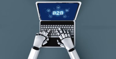 İş adamı B2B peyzajında geziniyor, iş-iş bağlantılarını geliştirmek için kullanım teknolojisi kullanıyor. B2B etkileşimini yeniden şekillendiren keşifler, iş-iş stratejilerinde yenilikleri yönlendiren araçlar. canlı