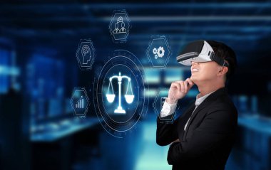 Bu resim, sanal gerçeklik teknolojisini kullanarak yapay zeka ve dijital yönetimdeki hukuk ve etik karmaşıklıklarını araştıran bir profesyoneli tasvir ediyor. XDMCP