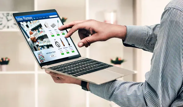 on pharmacy online store on computer screen for shopping for medical products drugs and medicine snugly
