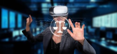 Sanal gerçeklikteki profesyonel bir kadın, modern yönetimdeki yapay zeka, etik ve yasal çerçevelerin yakınsamasını sembolize ederek, adaletin dijital ölçekleriyle etkileşime girer. XDMCP