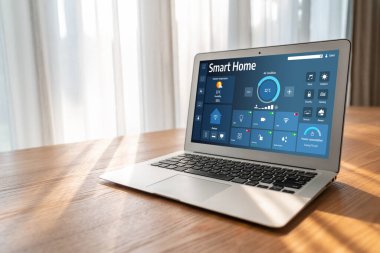 Smart home technology, centric remote control system with digital dashboard for air conditioning, safety security network or house automation. App software, ui panel programming IOT monitor snugly